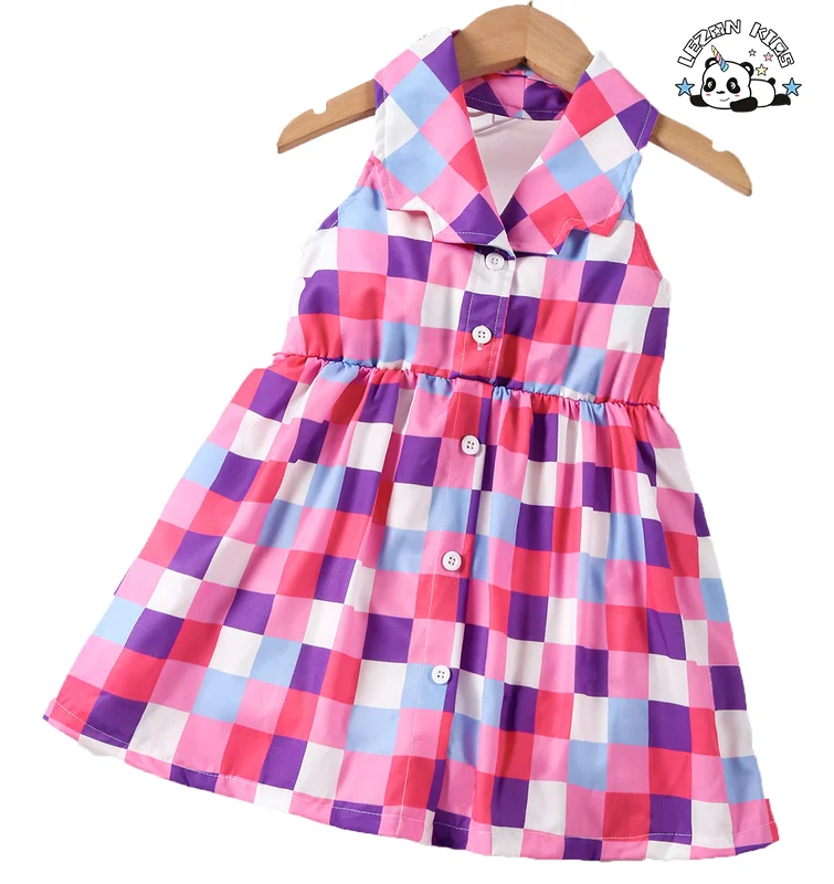LEZONKIDS - Customizable New Summer Girls Fashion Plaid Cotton Fabric Splicing Halter Lapel Girls Dress 2-14 Years Old